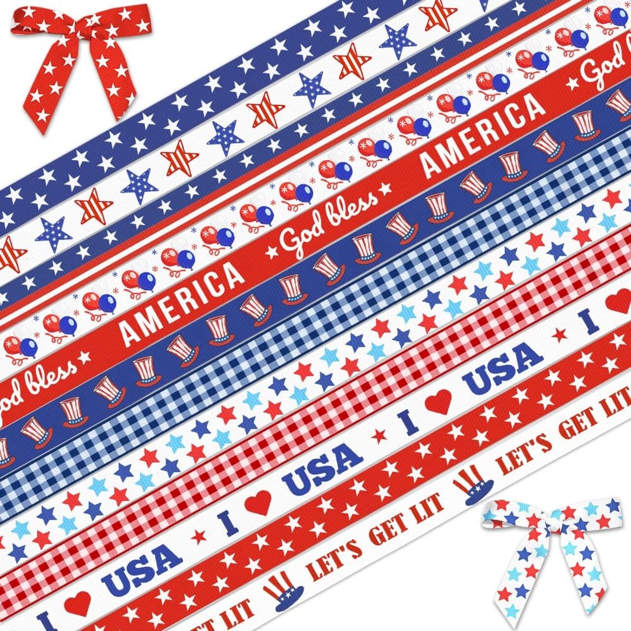 12 Rolls Patriotic Grosgrain Ribbon Set – 3/8" x 12 Yards Red White & Blue 4th of July Ribbon for Gift Wrapping, Labor Day, Memorial Day & DIY Patriotic Decorations